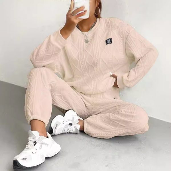 Women's Jacquard Long Sleeve Casual Round Neck Sweater Trousers Suit